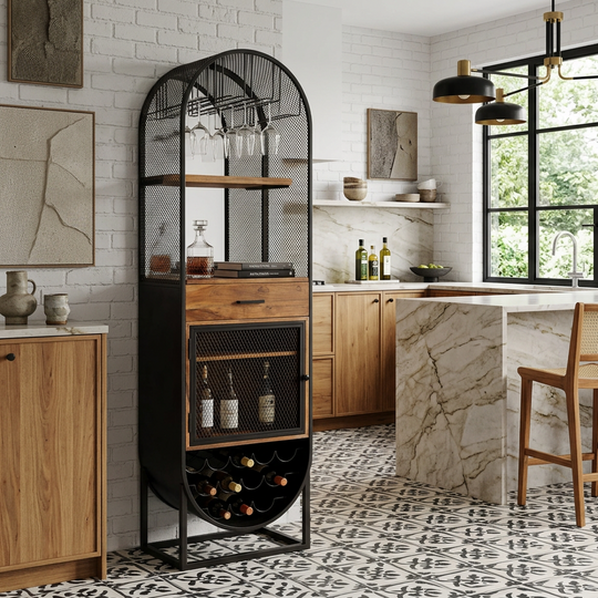 Tall arched mirror cabinet, black metal frame, upper stemware mesh hutch with a mirrored back, a central solid mango wood storage drawer, mesh-fronted cabinet door, scalloped wine rack base