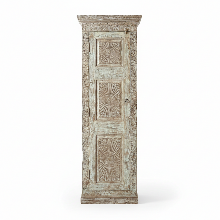 Tall wooden cabinet with decorative carvings