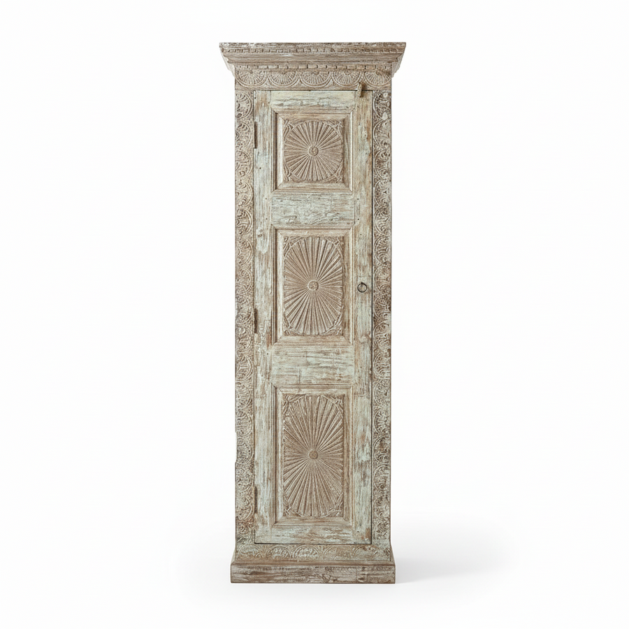 Tall wooden cabinet with decorative carvings