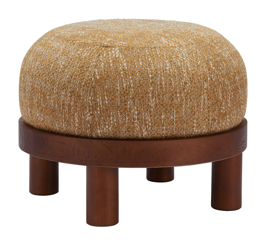 Round ottoman with textured brown cushion and wooden base on a white background