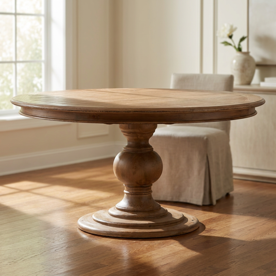 A round wooden pedestal dining table with a warm medium-brown finish.
