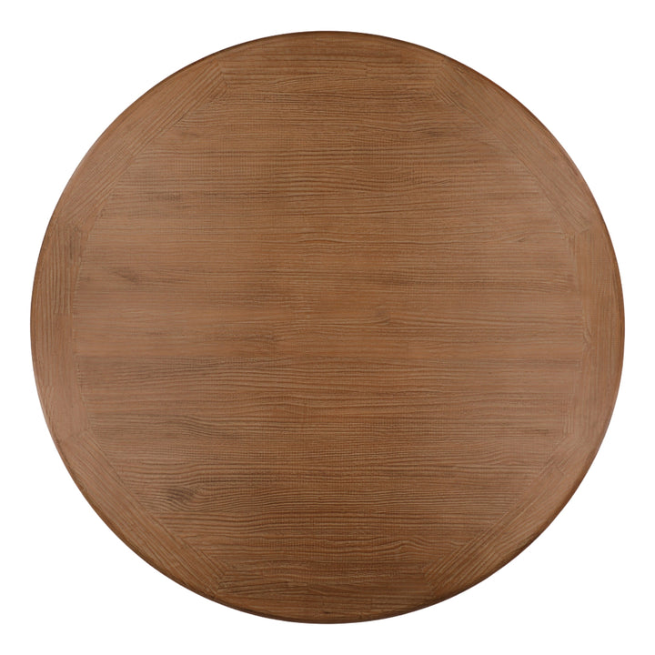 A top-down view of a round wooden table with a medium brown finish and visible wood grain texture, isolated on a white background.
