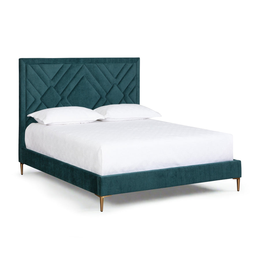 ELIZIO TEAL VELVET UPHOLSTERED BED - QUEEN - FRONT VIEW