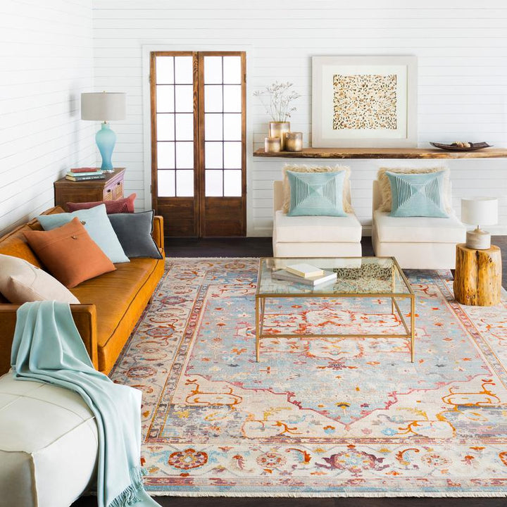 ETNEY RUG: SKY, ORANGE MULTI