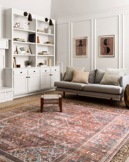 FILOMENA VINTAGE PRINT RUG: MOSS, BRICK RED