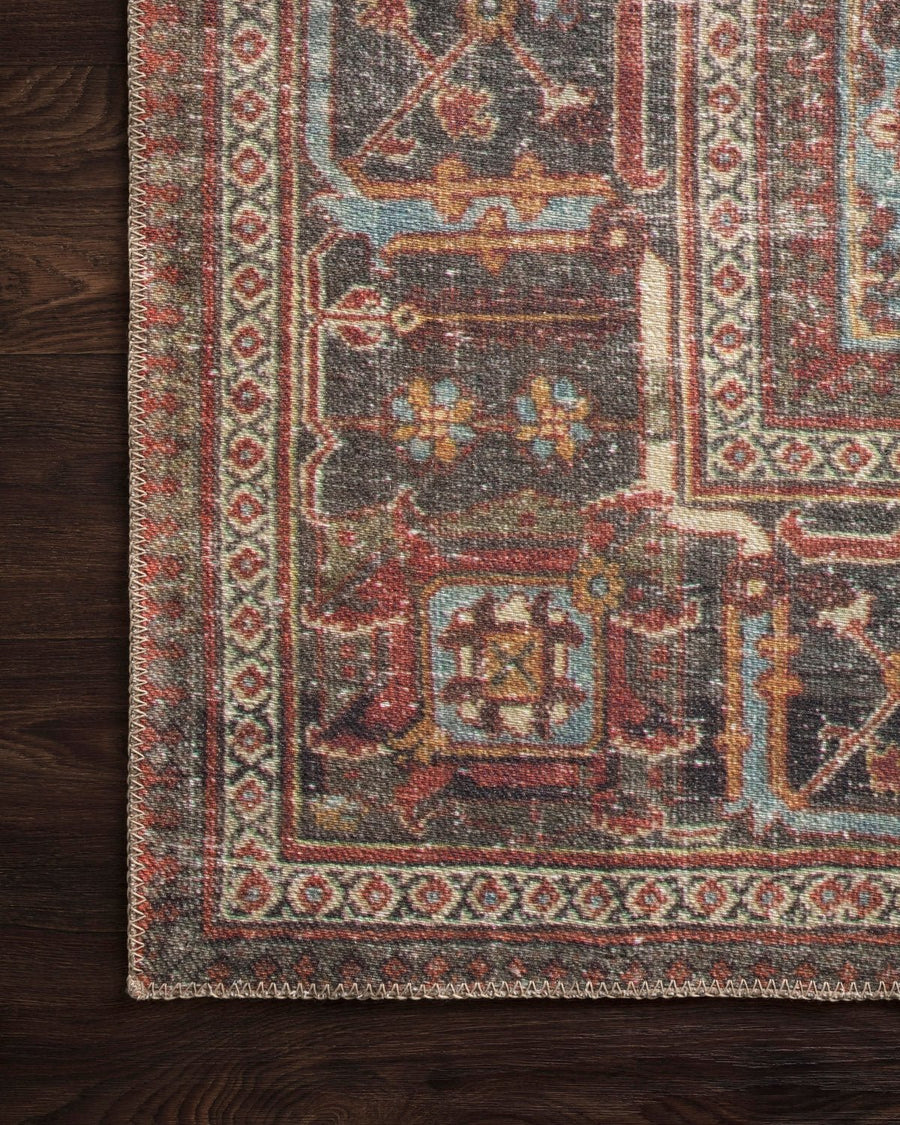 FILOMENA VINTAGE PRINT RUG: MOSS, BRICK RED
