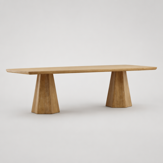 A minimalist wooden table with a rectangular top and two tapered geometric pedestal legs