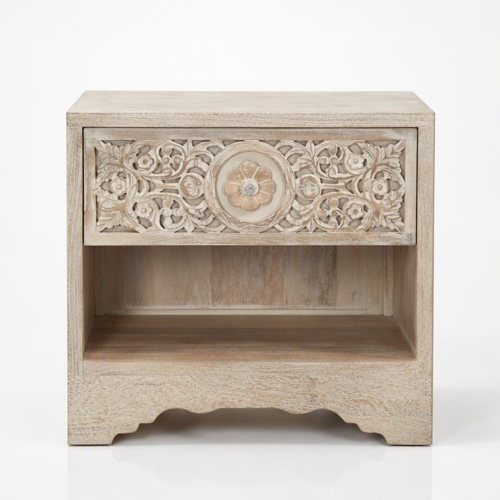 HAVELI WHITEWASH CARVED WOOD NIGHTSTAND