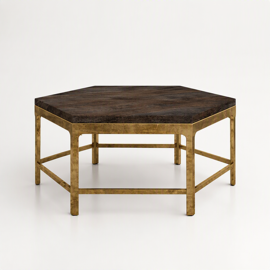 Hexagonal coffee table with a dark brown wood top and a distressed gold metal frame