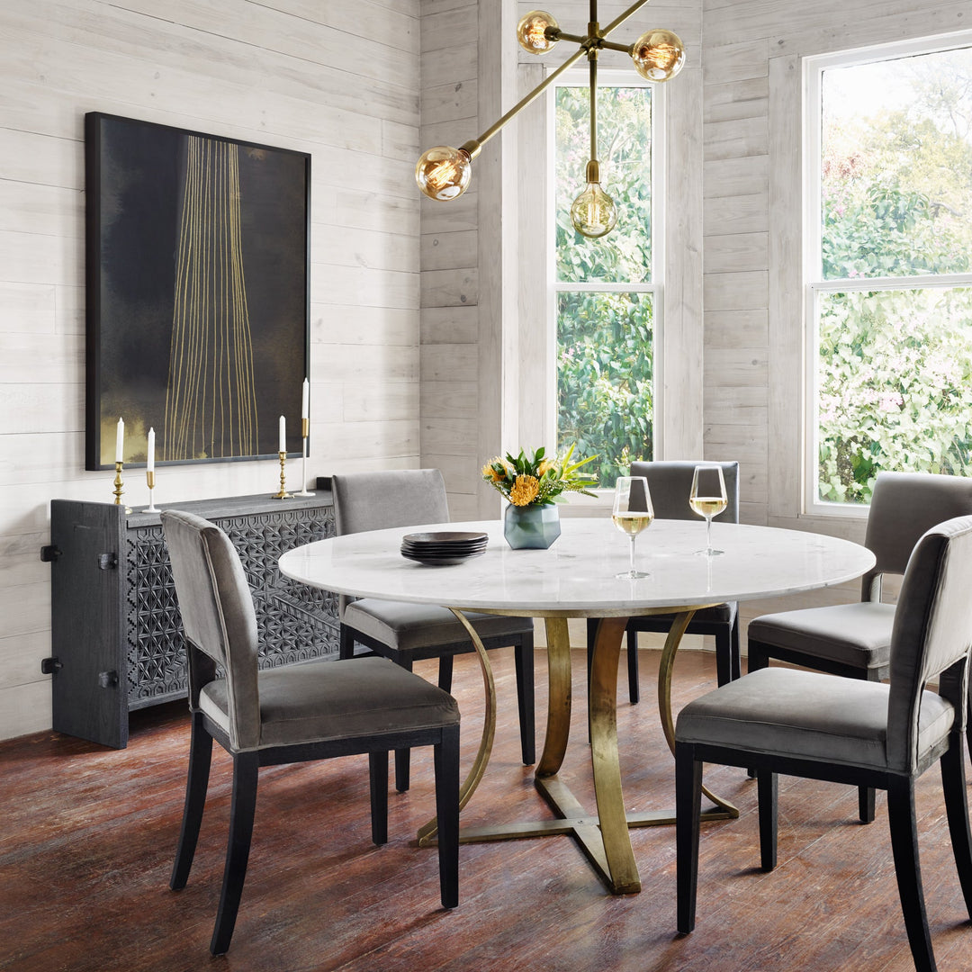 GAGE ROUND WHITE MARBLE + BRASS DINING TABLE