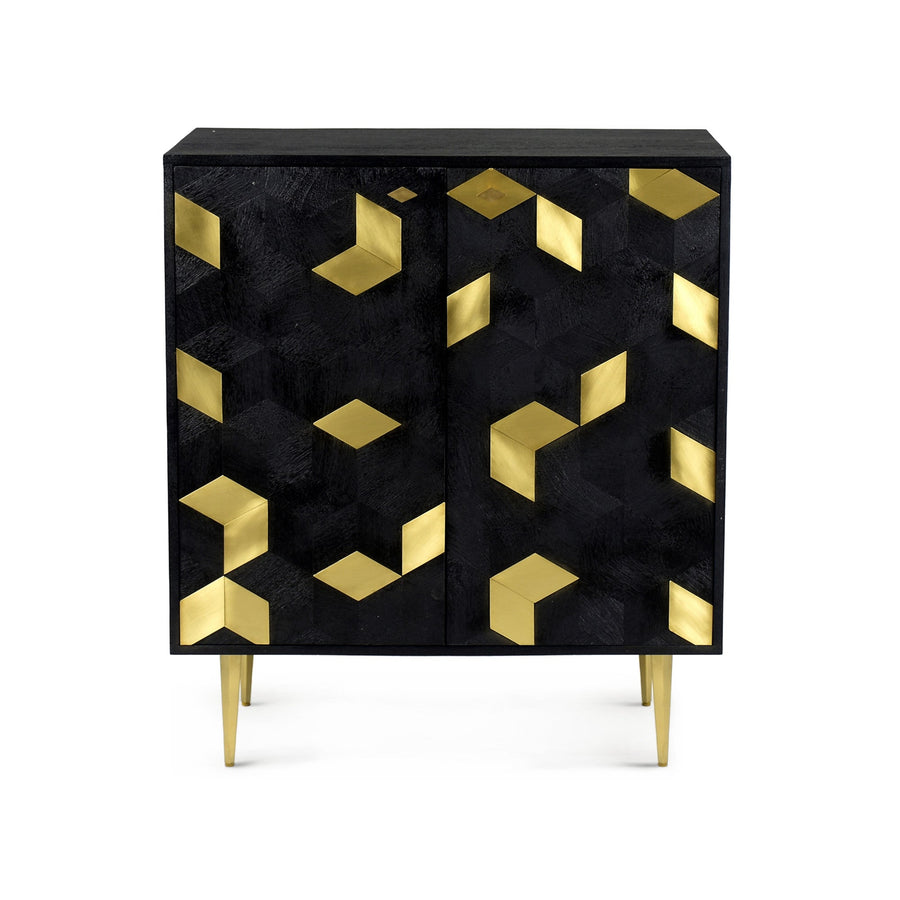 GEOMETRIC BRASS + MANGO WOOD BAR CABINET