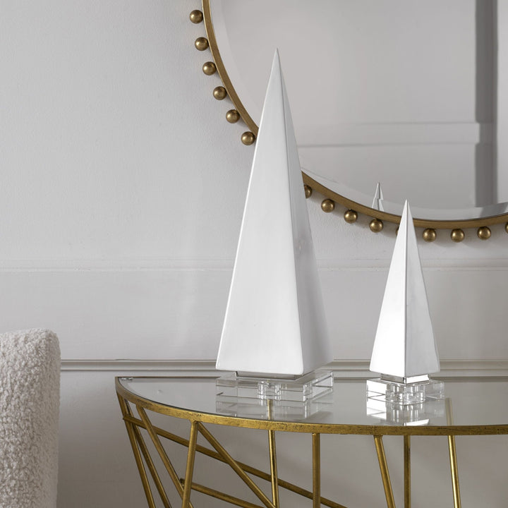 GLOSS WHITE PYRAMID SCULPTURES | SET OF 2