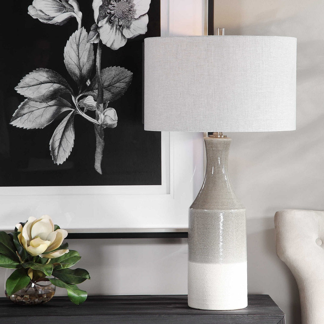 GRAY GLAZE + WHITE DIPPED CERAMIC TABLE LAMP