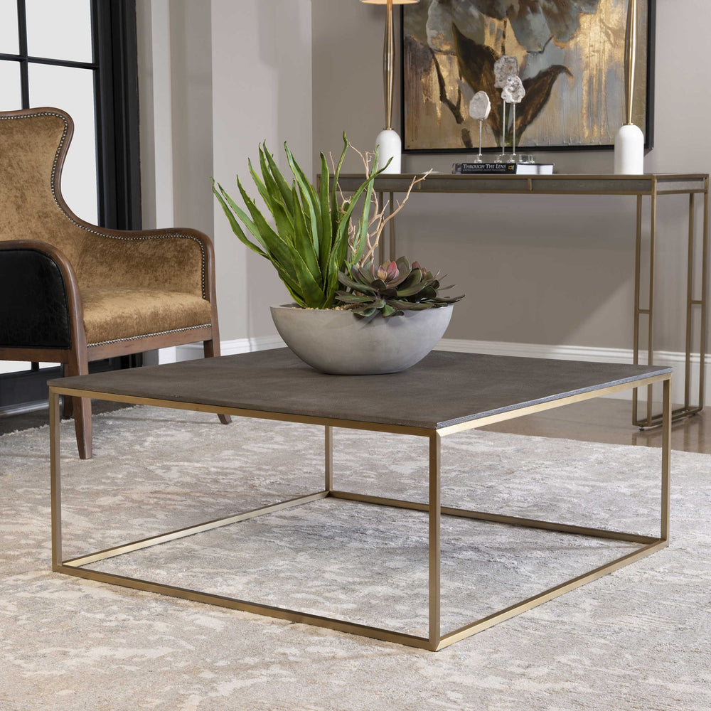 GREY SHAGREEN & BRASS SQUARE COFFEE TABLE