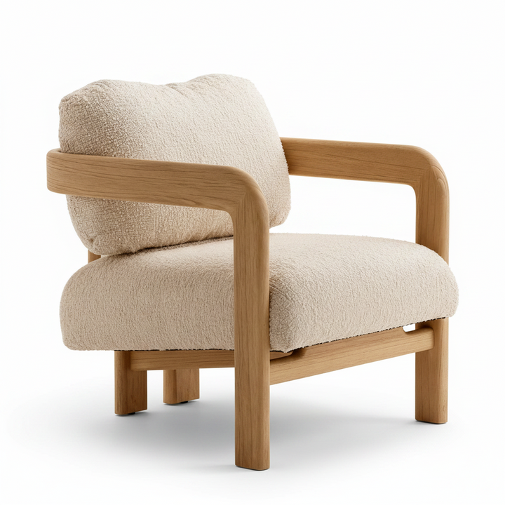 A modern accent chair featuring a light oak wood frame and plush, textured cream bouclé upholstery, shown on a clean white background.