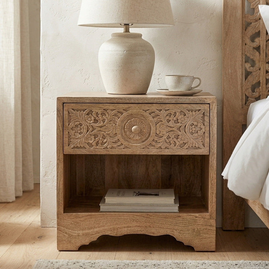 HAVELI 1-DRAWER CARVED WOOD NIGHTSTAND