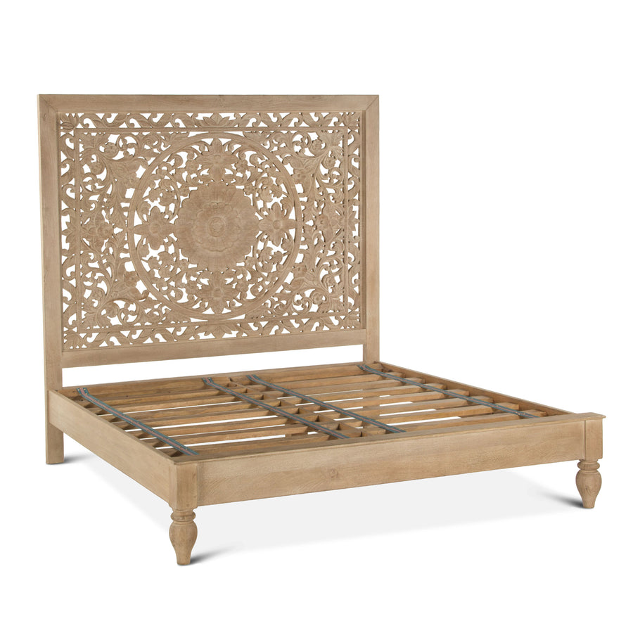 HAVELI FLORAL MOTIF CARVED WOOD BED