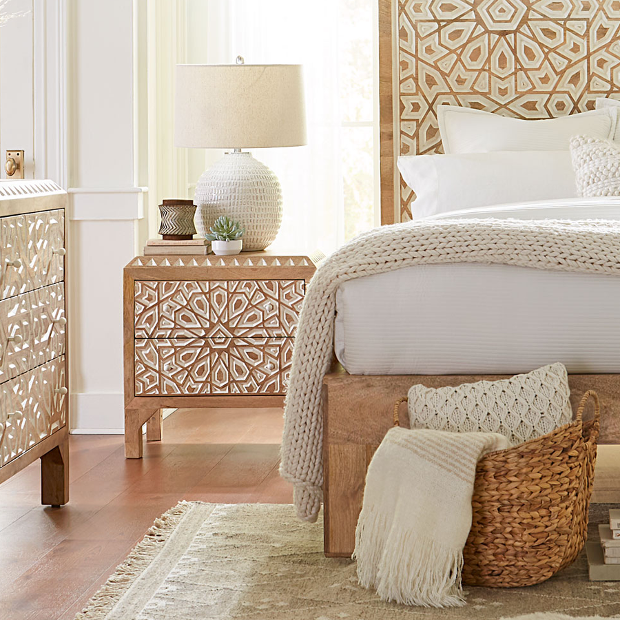 HAVELI GEOMETRIC MOTIF CARVED WOOD NIGHTSTAND