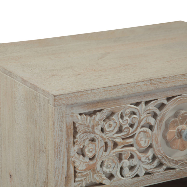 HAVELI WHITEWASH CARVED WOOD NIGHTSTAND