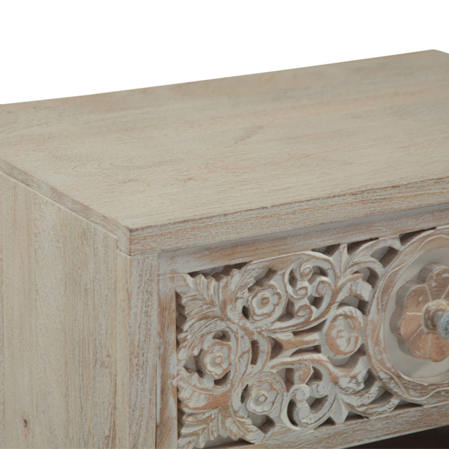 HAVELI WHITEWASH CARVED WOOD NIGHTSTAND