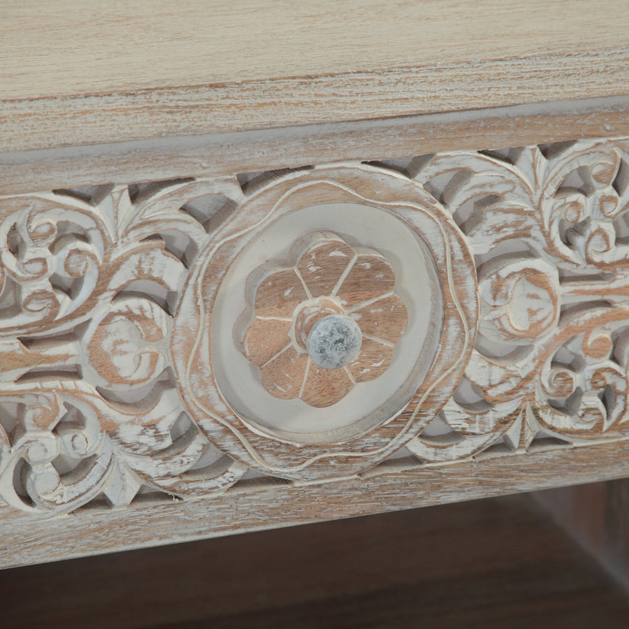 HAVELI WHITEWASH CARVED WOOD NIGHTSTAND