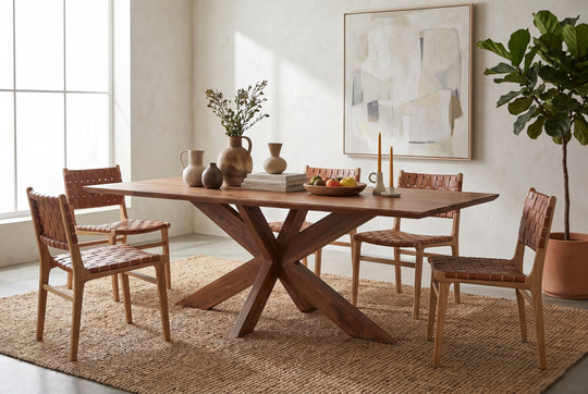 Modern dining room with a walnut trestle table, woven leather chairs, and minimalist decor on a textured jute rug.