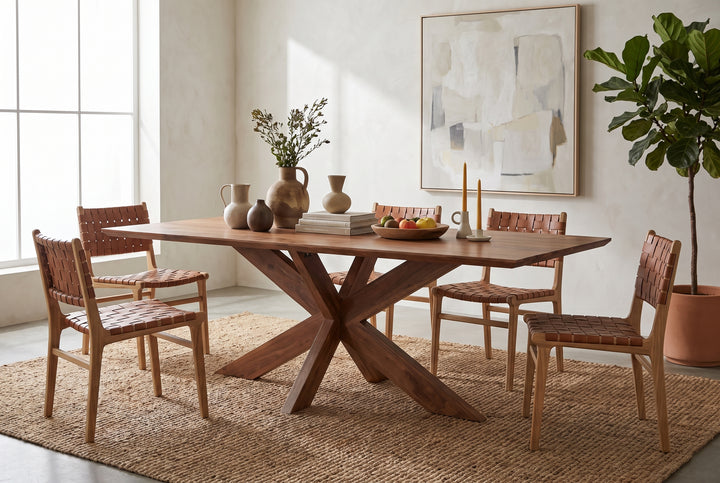 Modern dining room with a walnut trestle table, woven leather chairs, and minimalist decor on a textured jute rug.
