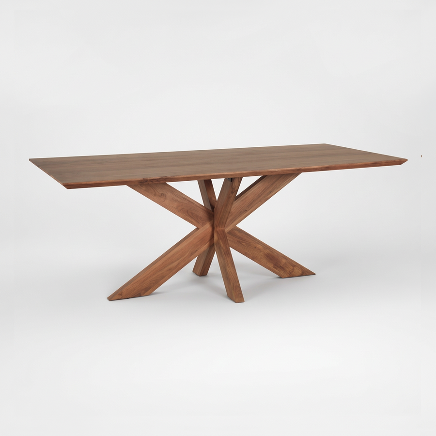 A rectangular wooden dining table with a warm medium-brown finish, featuring an X-shaped cross base, shown on a clean white studio background.