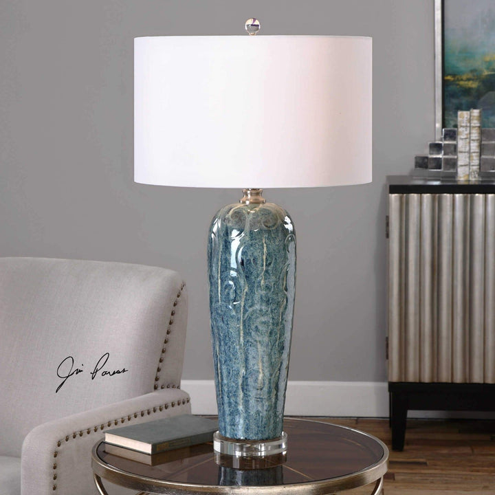 HEATHERED BLUE EMBOSSED CERAMIC LAMP