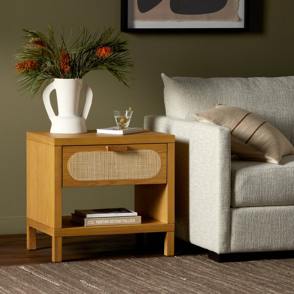 HONEY OAK + CANE END TABLE