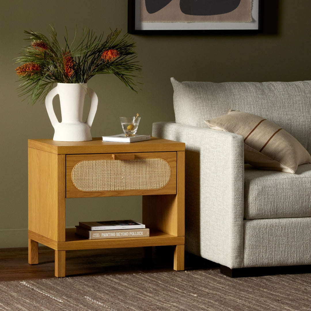 HONEY OAK + CANE END TABLE