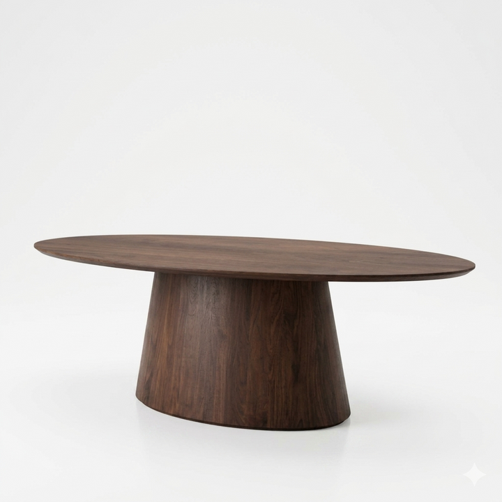 An oval wooden dining table with a dark walnut finish, featuring a tapered pedestal base, photographed against a seamless white studio background.