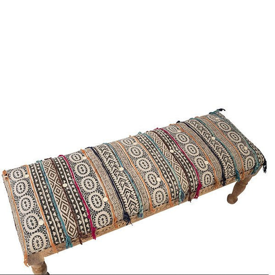 INDO TRIBAL KILIM CARVED WOOD BENCH