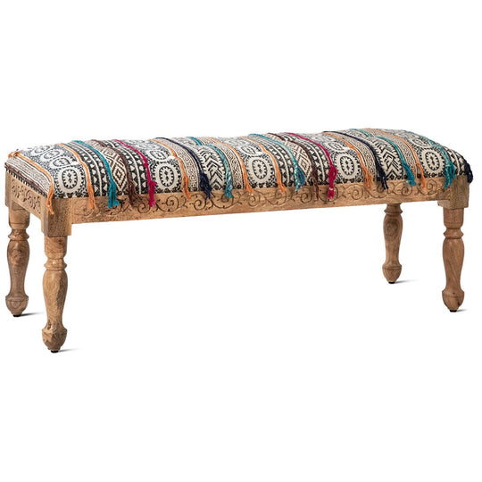 INDO TRIBAL KILIM CARVED WOOD BENCH