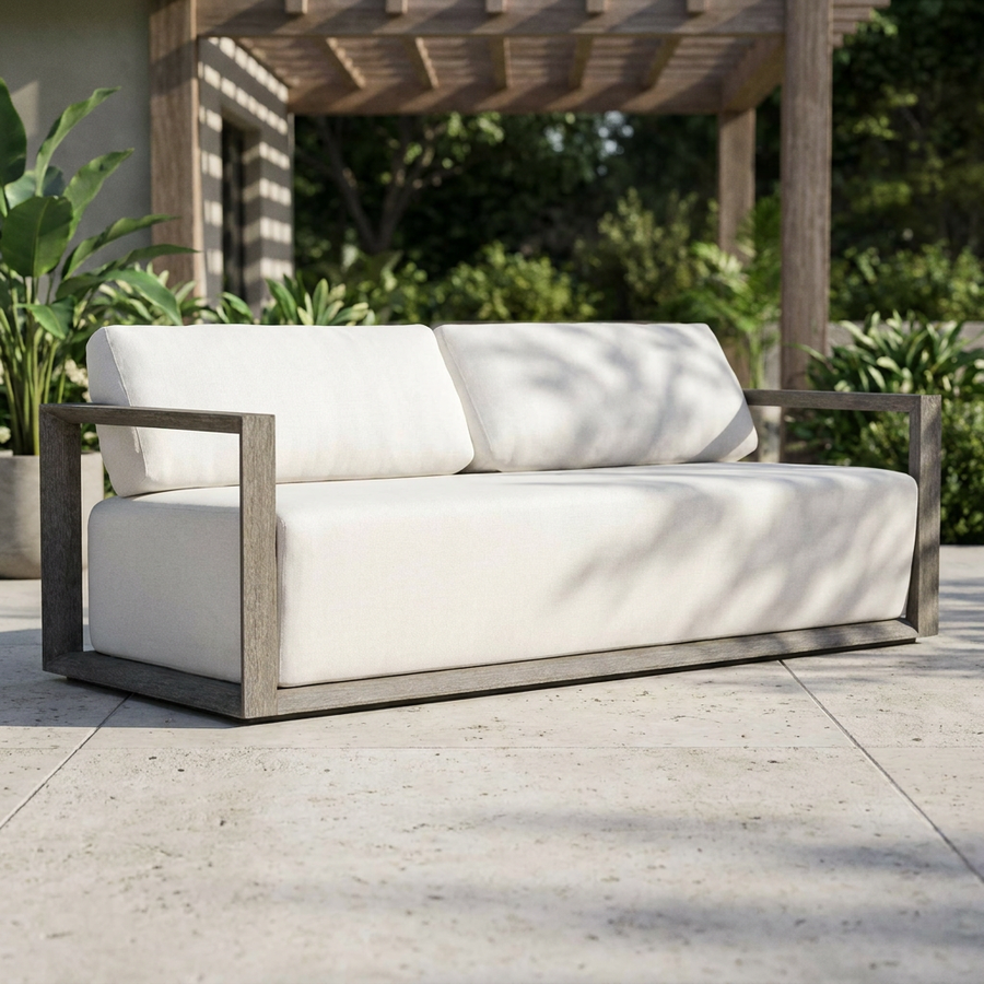 sofa with off-white cushions and a weathered gray-brown wooden frame