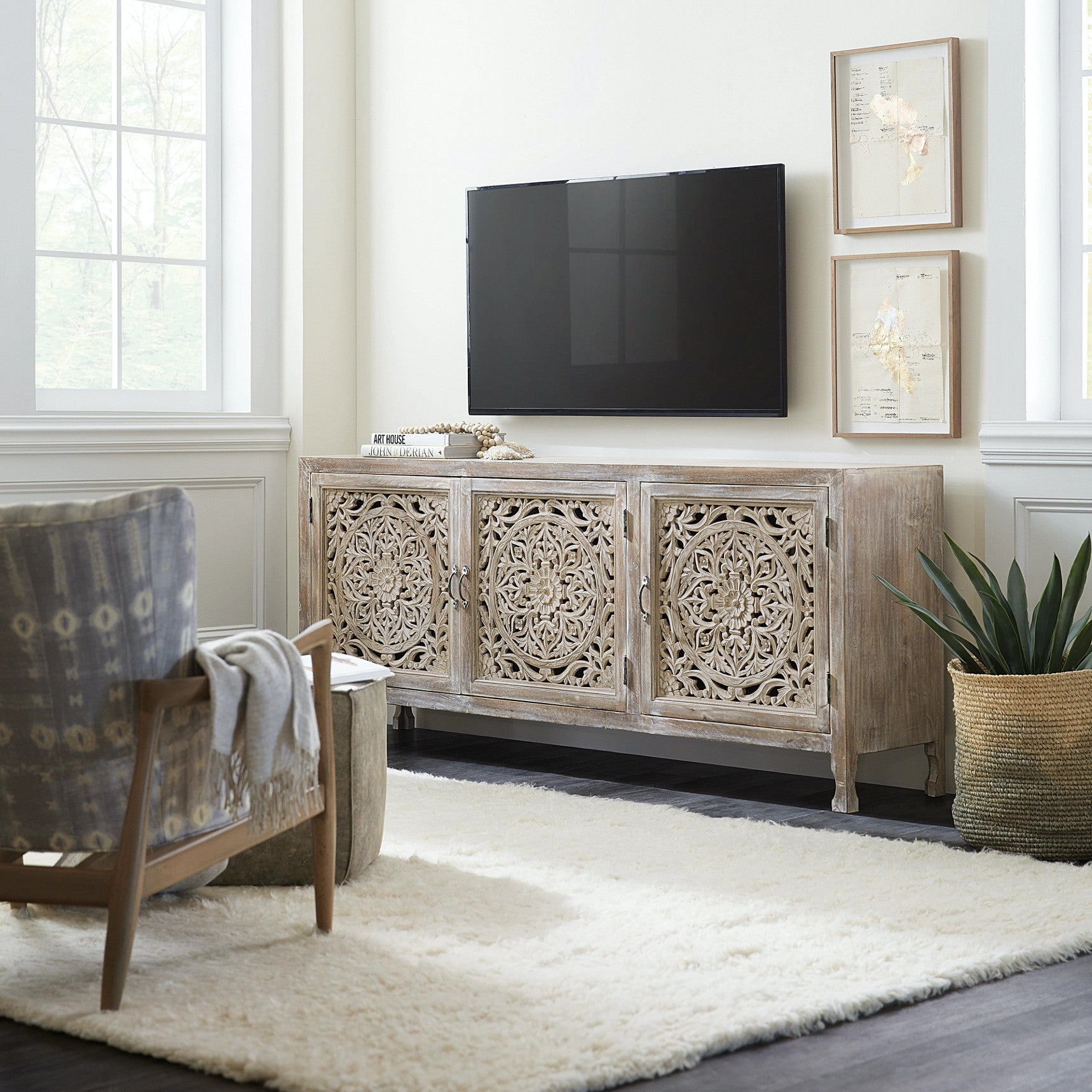 JAMILA RUSTIC WHITE CARVED WOOD MEDIA CONSOLE | 80