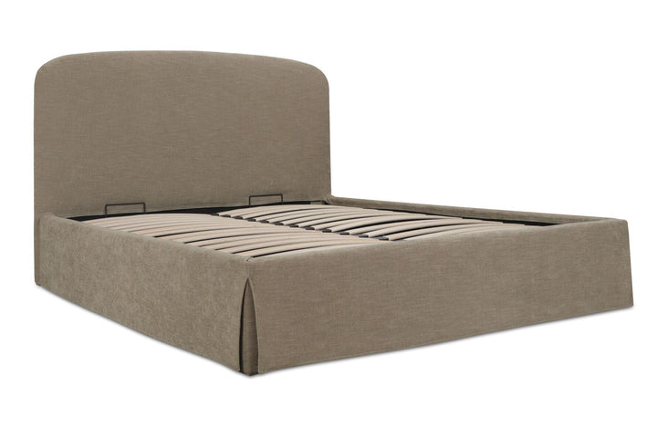 Taupe upholstered bed frame on a white background