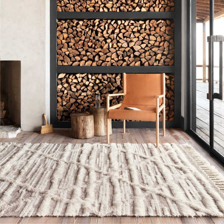 KHALID HAND - KNOTTED TEXTURED WOOL RUG: IVORY , TAUPE