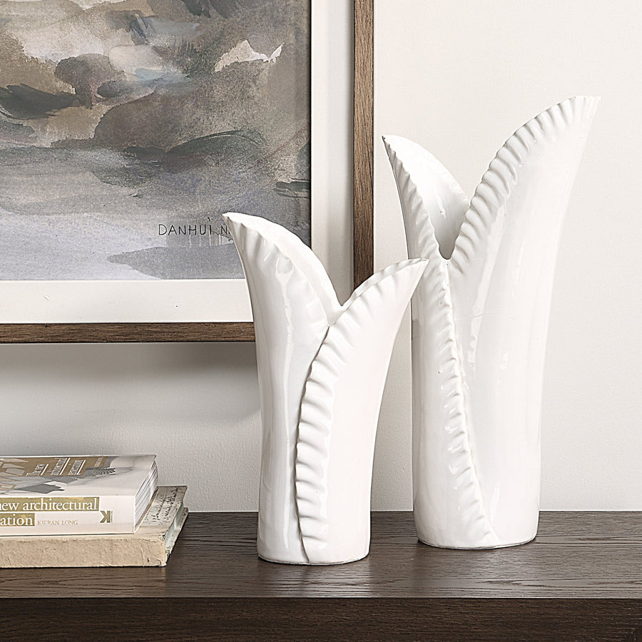 LEAFSCAPE WHITE CERAMIC VASES | SET OF 2