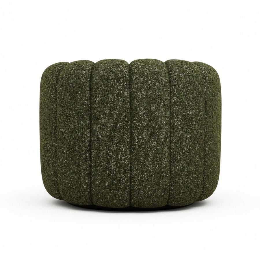 back view of a green textured armchair with hidden swivel base, on a white background