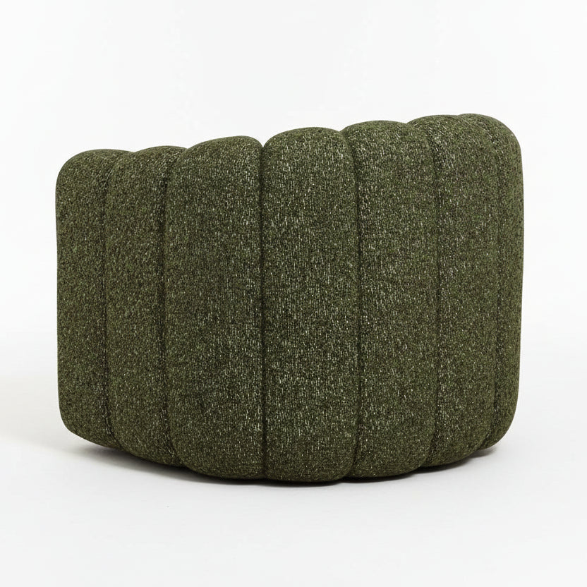 back view of a green textured armchair with hidden swivel base, on a white background