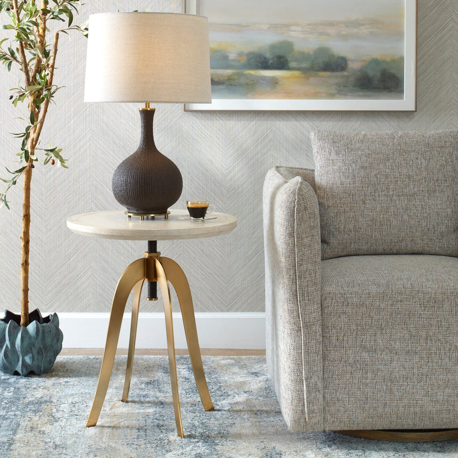 LIGHT OAK & BRASS SCREW TOP ACCENT TABLE