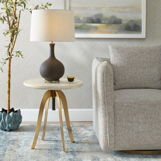 LIGHT OAK & BRASS SCREW TOP ACCENT TABLE