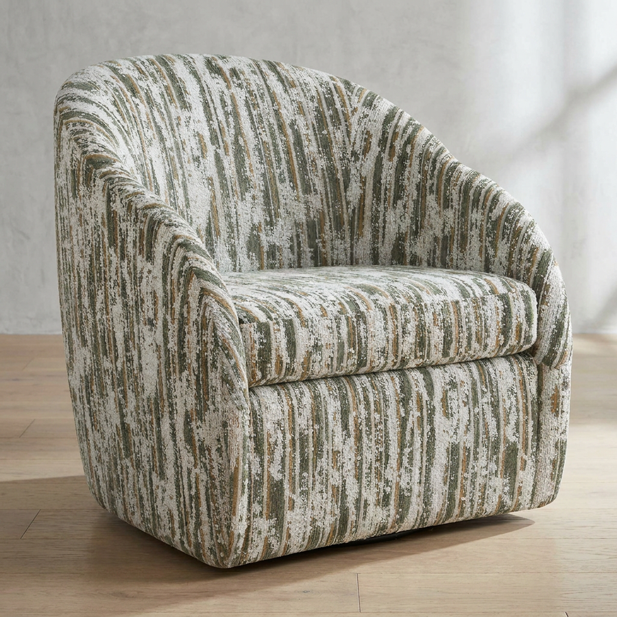 Patterned armchair on a wooden floor with a neutral background