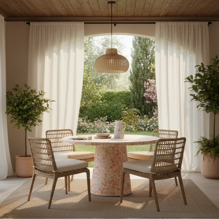 MARBLED TERRAZZO OUTDOOR PEDESTAL DINING TABLE: CORAL