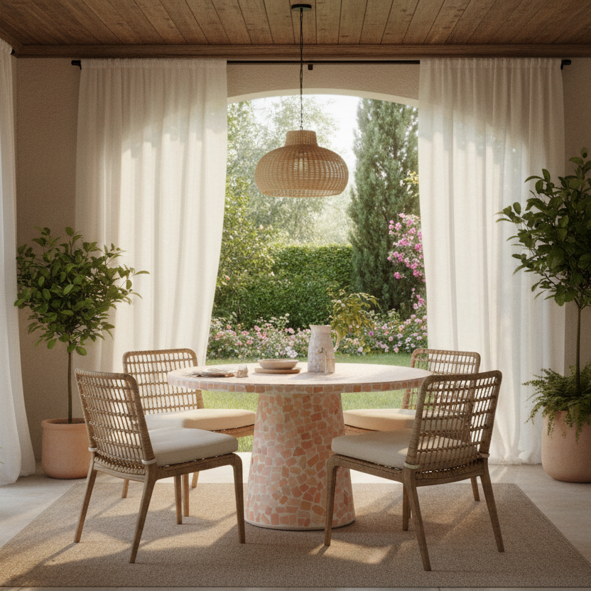 MARBLED TERRAZZO OUTDOOR PEDESTAL DINING TABLE: CORAL