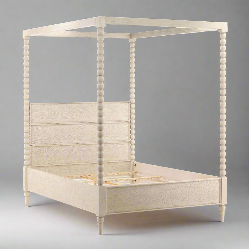 Marcie White Washed Beaded Poster Bed Queen - Angled Side View Showing Frame Details