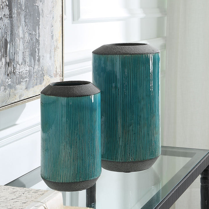 MAUI AQUA BLUE GLAZE CERAMIC VASES | SET OF 2