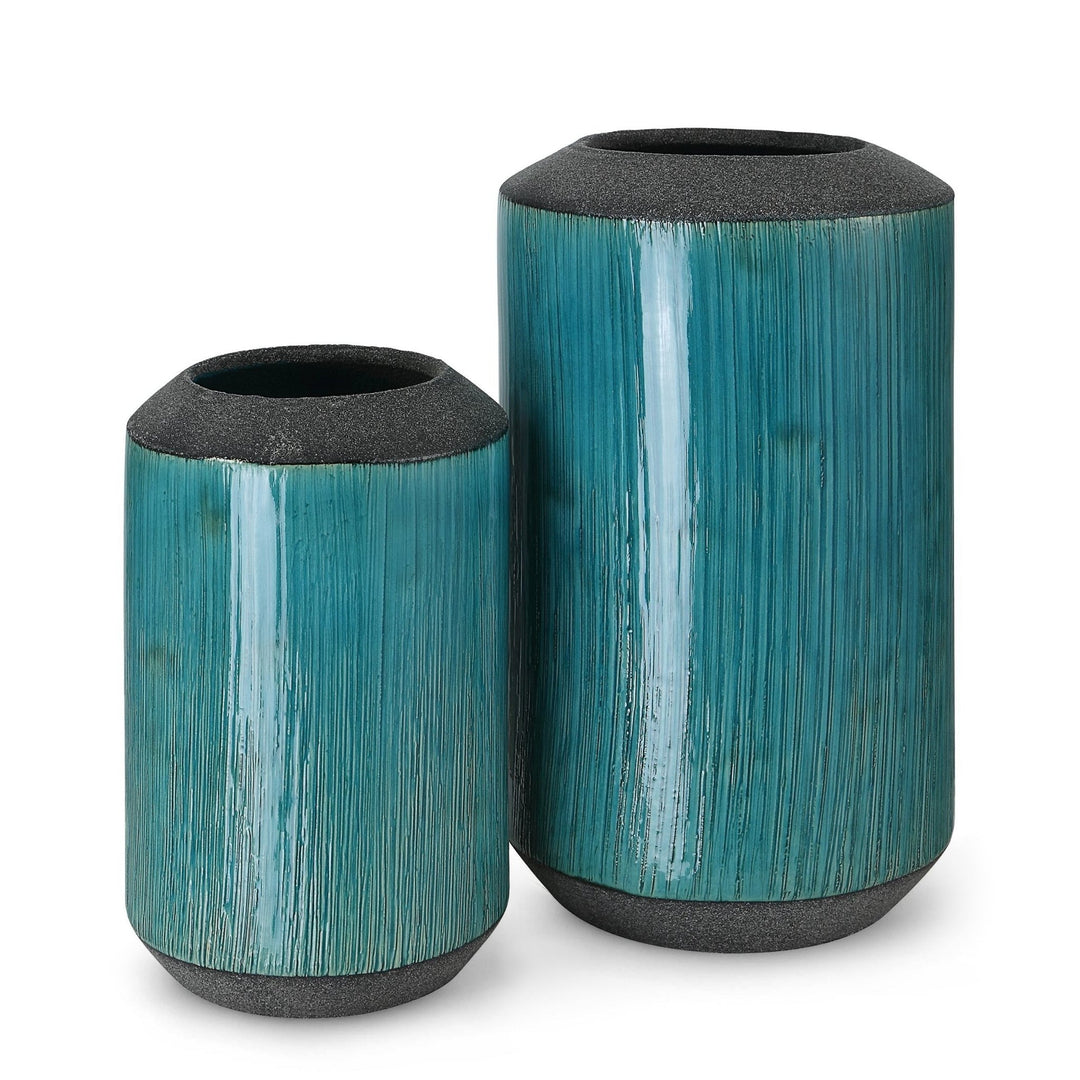 MAUI AQUA BLUE GLAZE CERAMIC VASES | SET OF 2