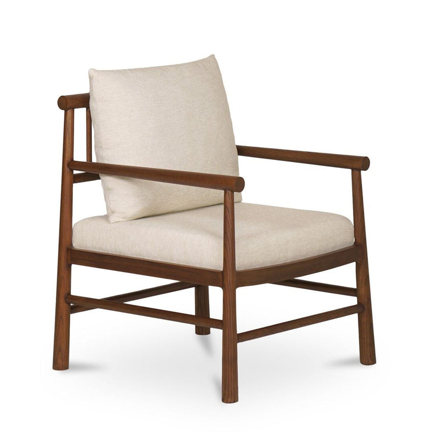 Wooden armchair with beige cushion on a white background